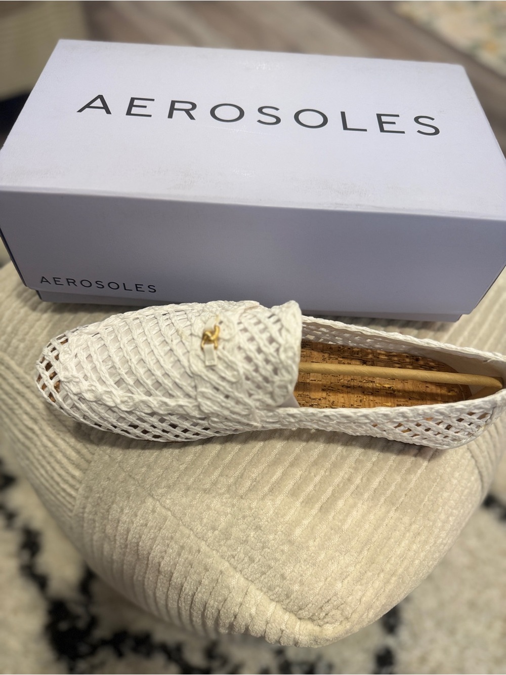 NWT Aerosoles White Hour Raffia Loafers Woven Flats Shoes Gold Buckle Size 12